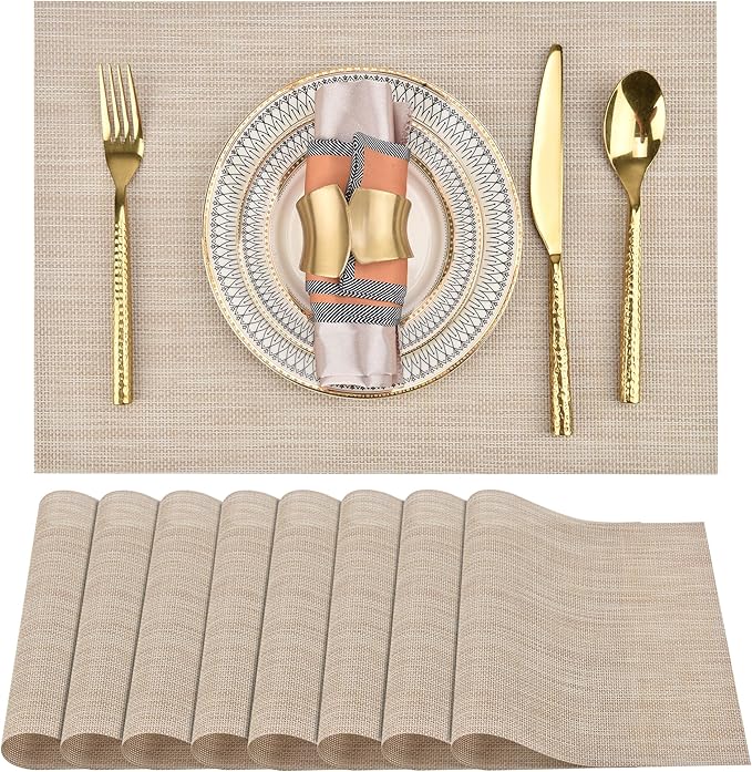 SLKQG Placemats Set of 8 - Easy Clean Washable Vinyl Placemats - Wipeable Heat Resistant Table Mats for Dining Table - 17.7x11.8 Inch (8, Beige)