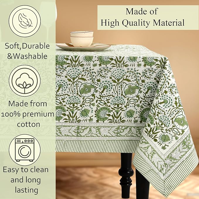 CPC Tablecloth 100% Cotton 70x118 Inch Indian Block Print Rectangle Table Cover, Table Cloth for Weddings, Spring/Summer, Barbeque -Agate Green