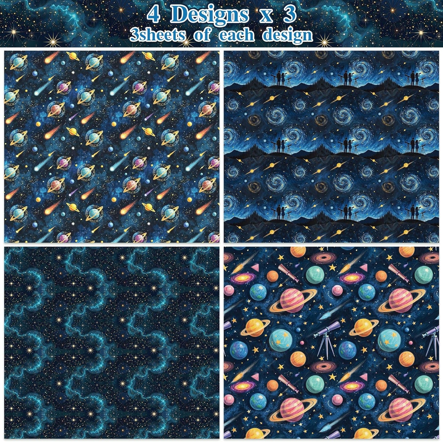 Pineraap 12 Sheets Galaxy Telescope Wrapping Paper, Starry Sky Gift Wrap Folded Flat Blue Space Craft Paper for Astronomy Lovers Birthday Party Baby Shower Present Packing, 19.7 x 27.6 Inch