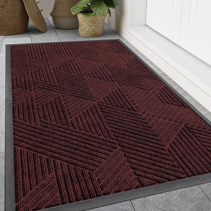 Smiry Front Door Mat Outside Entrance, Heavy Duty Sturdy Natural Rubber Doormat, Trap Dirt and Moisture, Easy Clean Low Profile Mats for Indoor Outdoor Entry, Irregular Triangle (59x24, Dark Red)