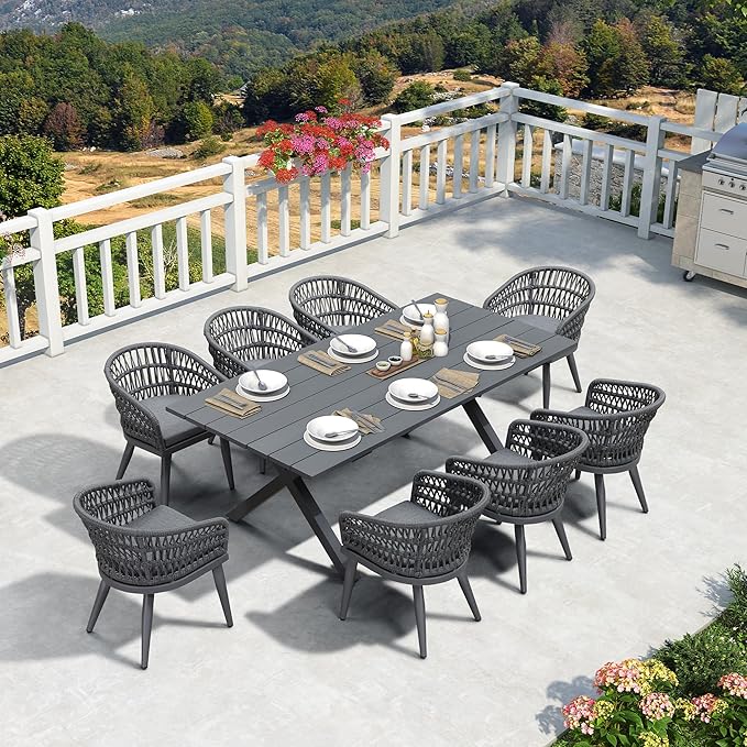 PURPLE LEAF 9 Pieces Outdoor Dining Set All-Weather PE Rattan Outdoor Patio Furniture Set with All Aluminum Frame Rectangular Table and Chairs Set for Lawn Garden Backyard Deck, Grey