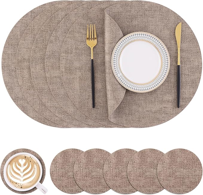 Homaxy Round Faux Leather Placemats and Coasters, Washable Dual-Side Table Mats, Wipeable Heat-Resistant Dining Place Mats for Outdoor and Indoor, Set of 6, Diameter 13 and 3.93 inch, Light Brown
