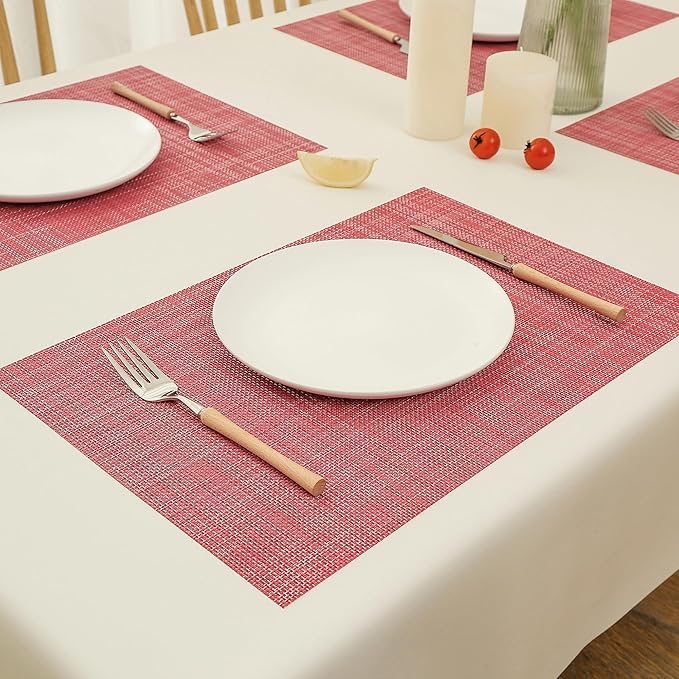 Leetaltree Red Placemats Set of 6 - Heat Resistant Non-Slip Place mats for Dining Table, Washable Durable PVC Vinyl Woven Table Mats