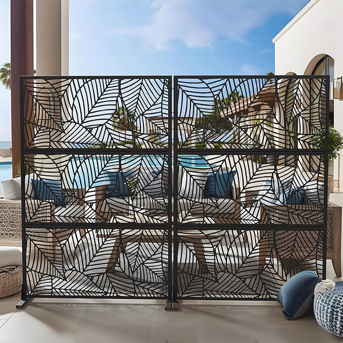 Casaphoria 72" H x 47" W Metal Outdoor Privacy Screen, Freestanding Decorative Divider for Patio, Deck, Balcony, and Garden with Stable Base, Black Leaves