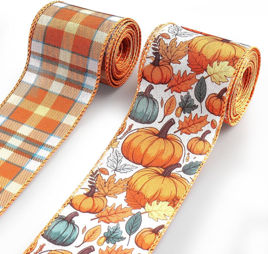 2 Rolls 2.5 Inch x 10 Yards Thanksgiving Fall Wired Ribbon for Craft Wreath Bow Making Pumpkin Autumn Leaves Ribbon Orange Plaid Burlap Ribbon for Wrapping Thanksgiving Party Home Decoration