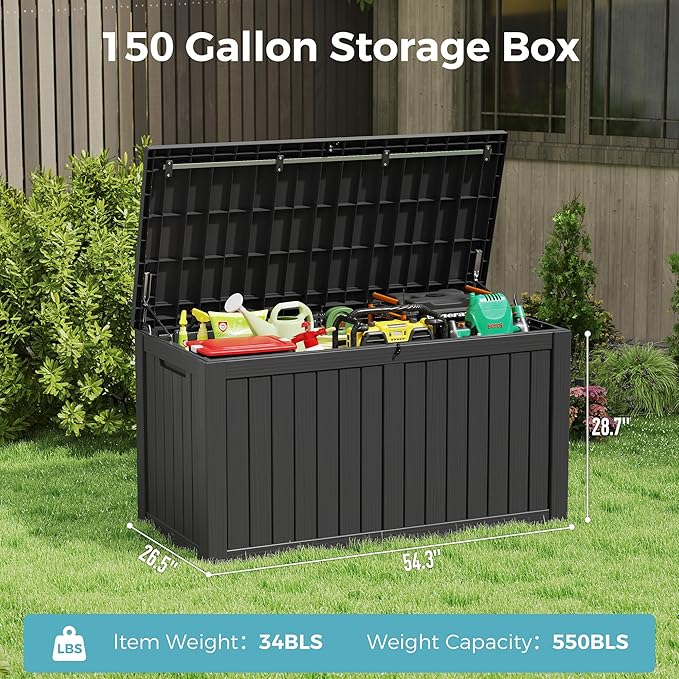 NUNU LAB 151 Gallon Outdoor Storage Box,Resin Large Sturdy Deck Box, Backyard Outside Storage Box Waterproof with Double Wall Panels,Package Delivery Garden Outdoor Hose Storage Bin,Black