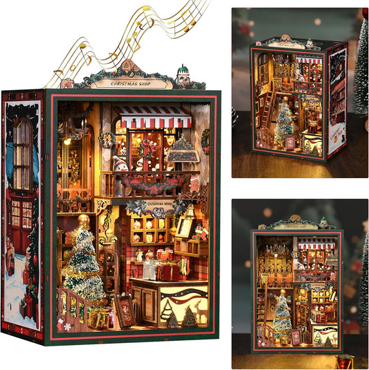ISSEVE Book Nook Kit - DIY Miniature House Kit for Adults Teens Beginners, Christmas Dollhouse Booknook with Music Mechanism Tiny House Bookshelf Decoration 3D Wooden Puzzles (Christmas Shop)