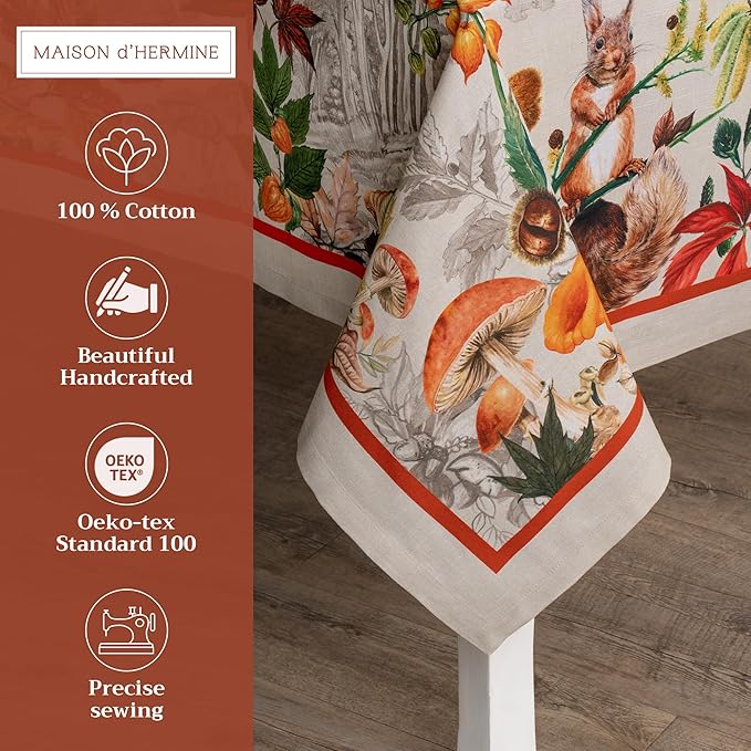 Maison d' Hermine Table Cloth Rectangle Table 100% Cotton 60 x 90 Inches Fall Tablecloth Reusable Everyday Use for Thanksgiving Christmas Decorations Dining Farmhouse Party (Recolte)