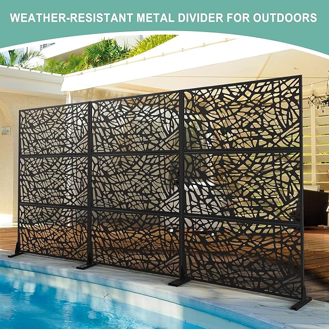 Metal Privacy Screen for Outdoor & Indoor Use, Free Standing Privacy Screen for Patio Garden Pool, 72" H x 47" W Decoative Privacy Panels, Weather Resistant, Easy Assembly (Black Spring Leaf)