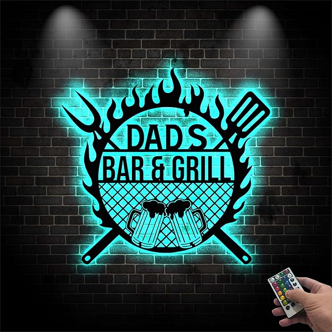 Custom BBQ Sign with LED Lights - Bar & Grill Metal Wall Art, Neon Light Up Grill Sign, Personalized BBQ Gifts For Men, Dad, Custom Metal Sign for Garage, Bar, Kitchen