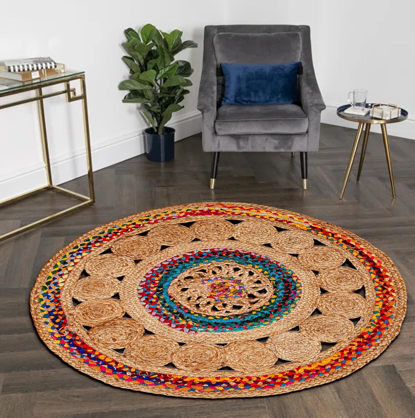 4' Round Handwoven Jute Chindi Area Rug - Colorful Boho Rugs for Living Room - Hand Braided Multicolor Bohemian Rug for Farmhouse, Bedroom, Dining Room, Classroom, Hallway, Kitchen, Office