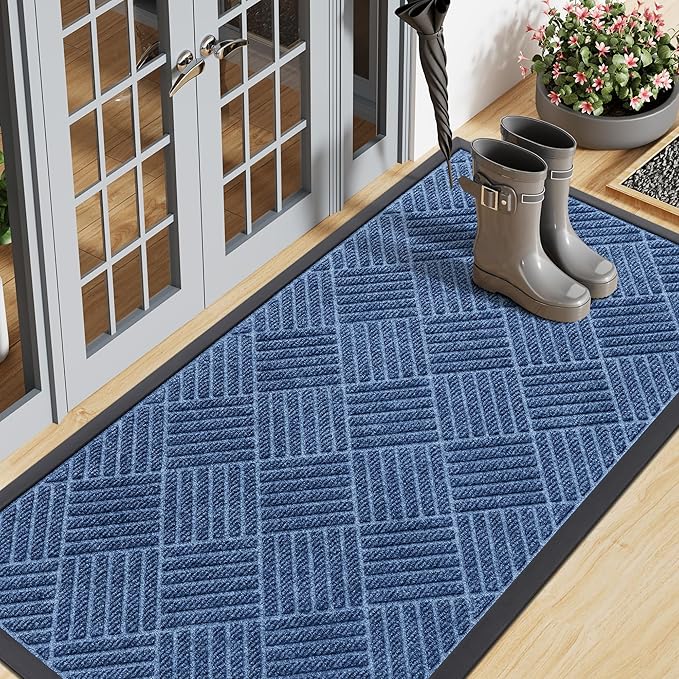 Smiry Front Door Mat Outside Entrance, Heavy Duty Outdoor Indoor Mat, Natural Rubber Doormat, Non Slip, Trap Dirt and Moisture, Easy Clean, Low Profile Patio Porch Entryway Mat, 47x23, Blue