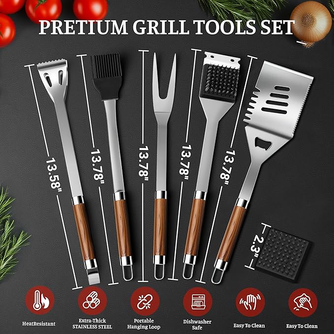 BBQ Grill Tools Set, Stainless Steel Grilling Set with Storage Bag, Spatula, Fork, Cleaning Brush BBQ Accessories, Grill Accessories for Outdoor Cooking Camping, Grilling Gifts for Men