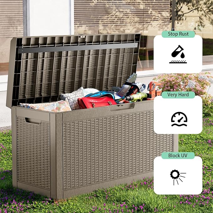 60 Gallon Deck Box,Resin Outdoor Storage Box with Lockable for Patio Furniture, Pool Accessories, Garden Tools, Waterproof Outside Storage Box, Grey