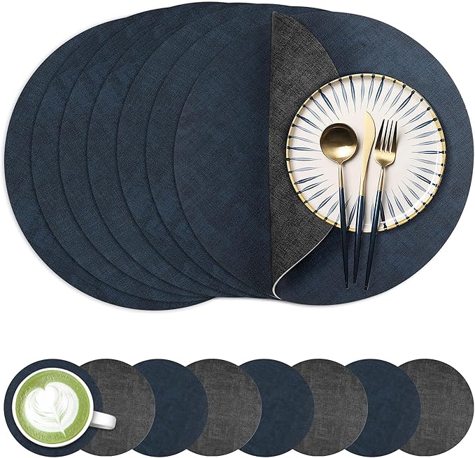 13-Inch Faux Leather Round Placemats Set of 8, Waterproof Anti-Slip Dual Sided Place mats, Heat Resistant Washable Table Mats with Coaster, Suitable for Indoor & Outdoor (8, Black Navy Blue)