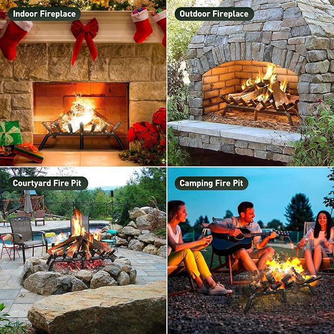 mestyl Fireplace Grate 24 Inch Heavy Duty Wrought Iron Fireplace Log Grate, 3/4" Bar Fire Grates, Firewood Log Burning Rack for Outdoor Wood Stove Pit & Fireplace Log Holder Indoor