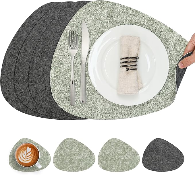 Placemats and Coasters, Washable Reversible Placemats Round Faux Leather Wipeable Place Mats Non Slip Heat Resistant Indoor Outdoor Table Mats (Set of 4, Gray Green)