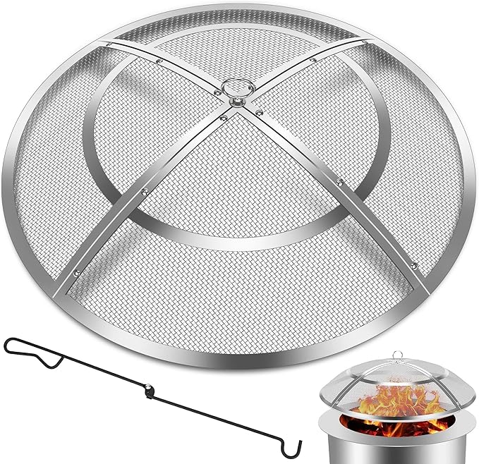Fire Pit Spark Screen,40 Inch Fire Pit Screen Cover Stainless Steel Outdoor with Handle&Poker,Firepit Screens Cover Round Mesh Lid Heavy-Duty Steel Replacement for Backyard/Beach/RV Camping
