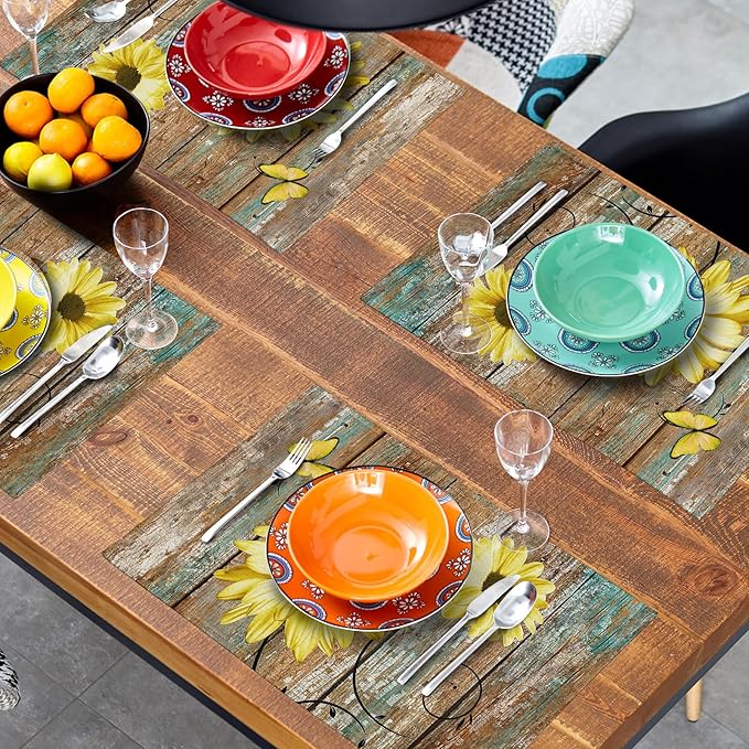 Giwawa Rustic Daisy Placemats Set of 4- Yellow Sunflowers Vintage Wood Board Linen Place Mat- Farmhouse Wooden Floral Non Slip Heat Resistant Table Mats for Kitchen Dining Cabin Lodge Decor