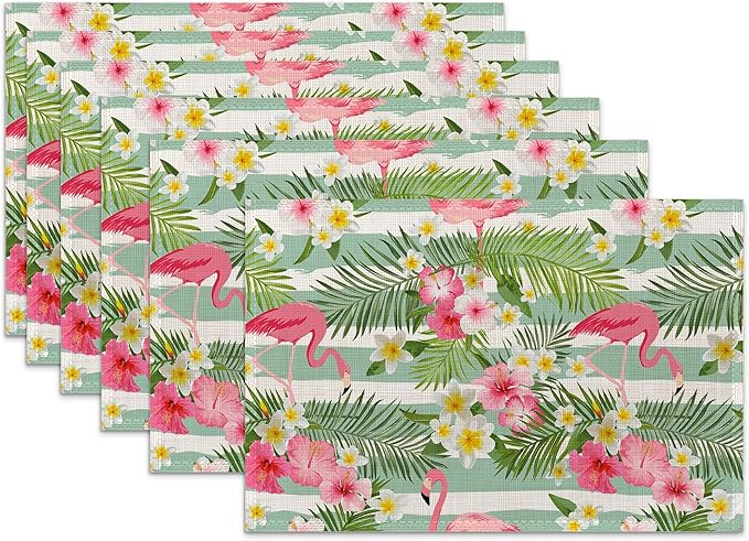 Flamingo Flowers Linen Placemats Set of 6,12x18 Inch Tropical Leaves Washable Table Mats Heat Resistant Place Mats for Home Party Kitchen Dining Decoration
