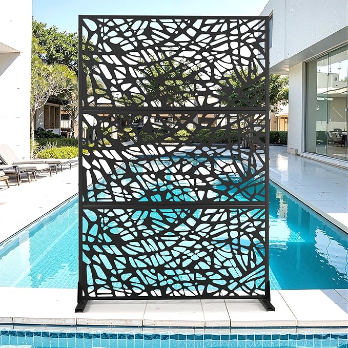 Metal Privacy Screen for Outdoor & Indoor Use, Free Standing Privacy Screen for Patio Garden Pool, 72" H x 47" W Decoative Privacy Panels, Weather Resistant, Easy Assembly (Black Net)
