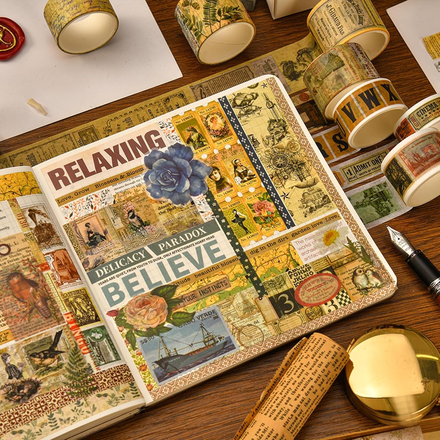 36 Rolls Vintage Washi Tape Pack Retro Arts Adhesive Tapes Wide Chronicle Decorative Masking Tape Sets for Craft, Kids, Scrapbook, DIY, Gift Wrapping (Sophia's Letters)