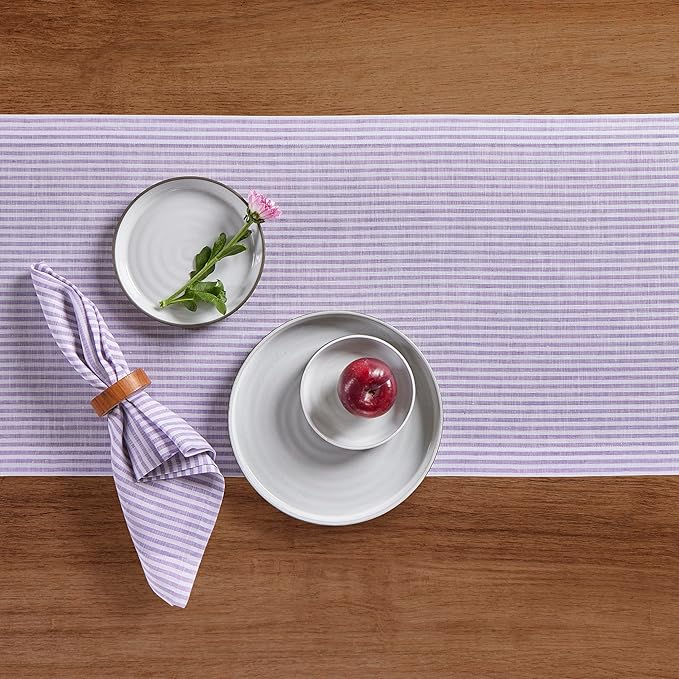 Solino Home Linen Table Runner 48 Inches - Narrow Stripe 100% Pure Linen Lavender and White Table Runner 14 x 48 Inch Ideal for Dresser and Coffee Tables - Valentines, Spring, Easter