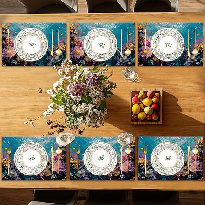 Sea Turtle Placemats Set of 6,Fish Coral Colorful Waterproof Non-Slip Washable Table Mats for Kitchen Dining Holiday Party Wedding Decor 12x18 Inch