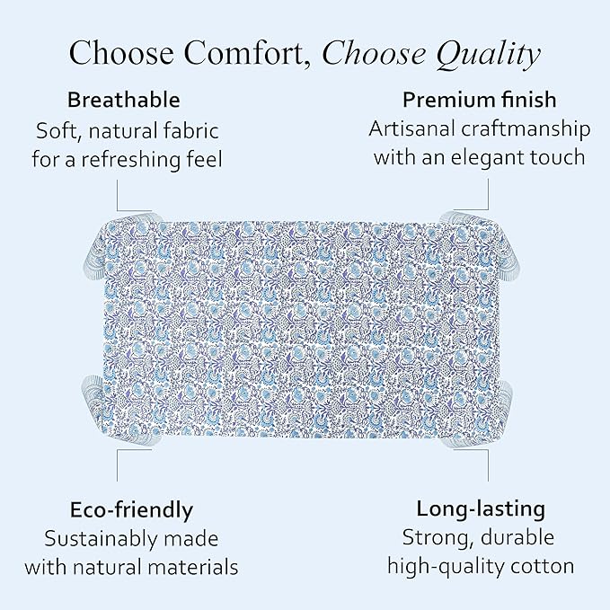CPC Tablecloth 100% Cotton 70x108 Inch Indian Block Print Rectangle Table Cover, Blue Table Cloth for Weddings, Spring/Summer, Barbeque - Indigo Blue