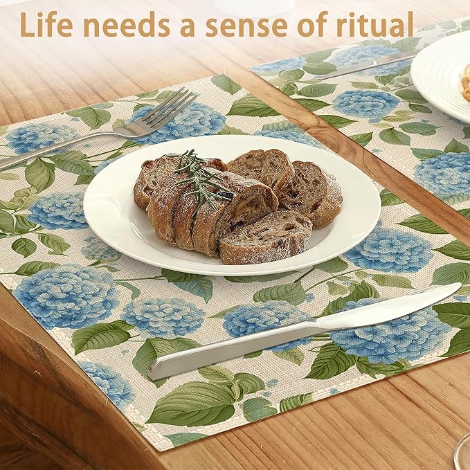 Placemats12x18 Inch,Blue Hydrangea Placemats,Vintage Floral Kitchen Dining Coffee Table Mats Set of 6 for Home Indoor Outdoor Party