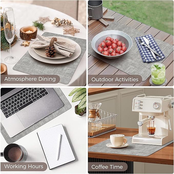 Vinyl Placemats Set of 12, Faux Leather Waterproof and Heat Resistant Place Mats, Washable Anti-Slip Table Mats with Coaster, Wipeable Placemats for Indoor & Outdoor 17" x 12" (Light Grey, Set of 12)