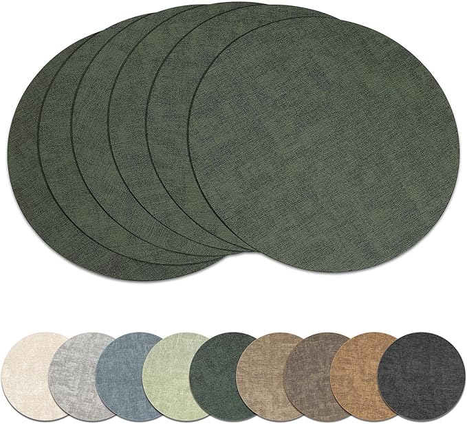 13" Round Placemats Set of 6, Reversible Faux Leather Heat Resistant Table Mats, Waterproof Oilproof Wipeable Table Protective Placemats for Vinyl, Washable for Indoor & Outdoor Use (6, Dark Green)