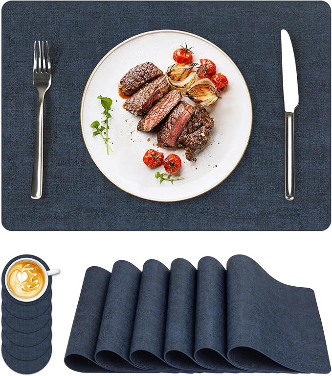 Vinyl Placemats Set of 6, Faux Leather Waterproof and Heat Resistant Place Mats, Washable Anti-Slip Table Mats with Coaster, Wipeable Placemats for Indoor & Outdoor 17" x 12" (Navy Blue, Set of 6)