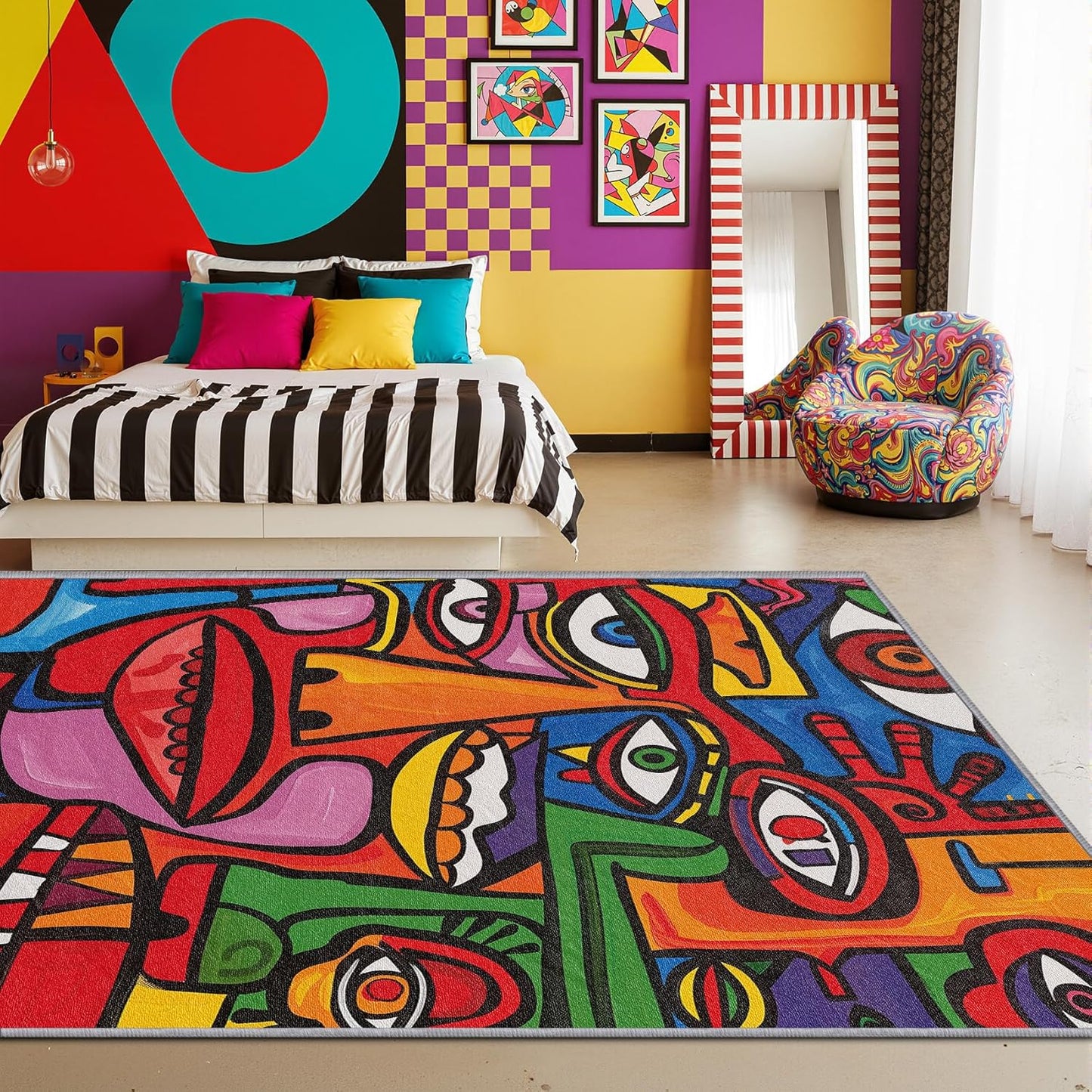Abstract Rugs for Bedroom - 4x5 Rug - Abstract Rug - Colorful Graffiti Area Rug - Modern Geometric Pop Art Rugs - Multicolor Artistic Carpet - Home Decor