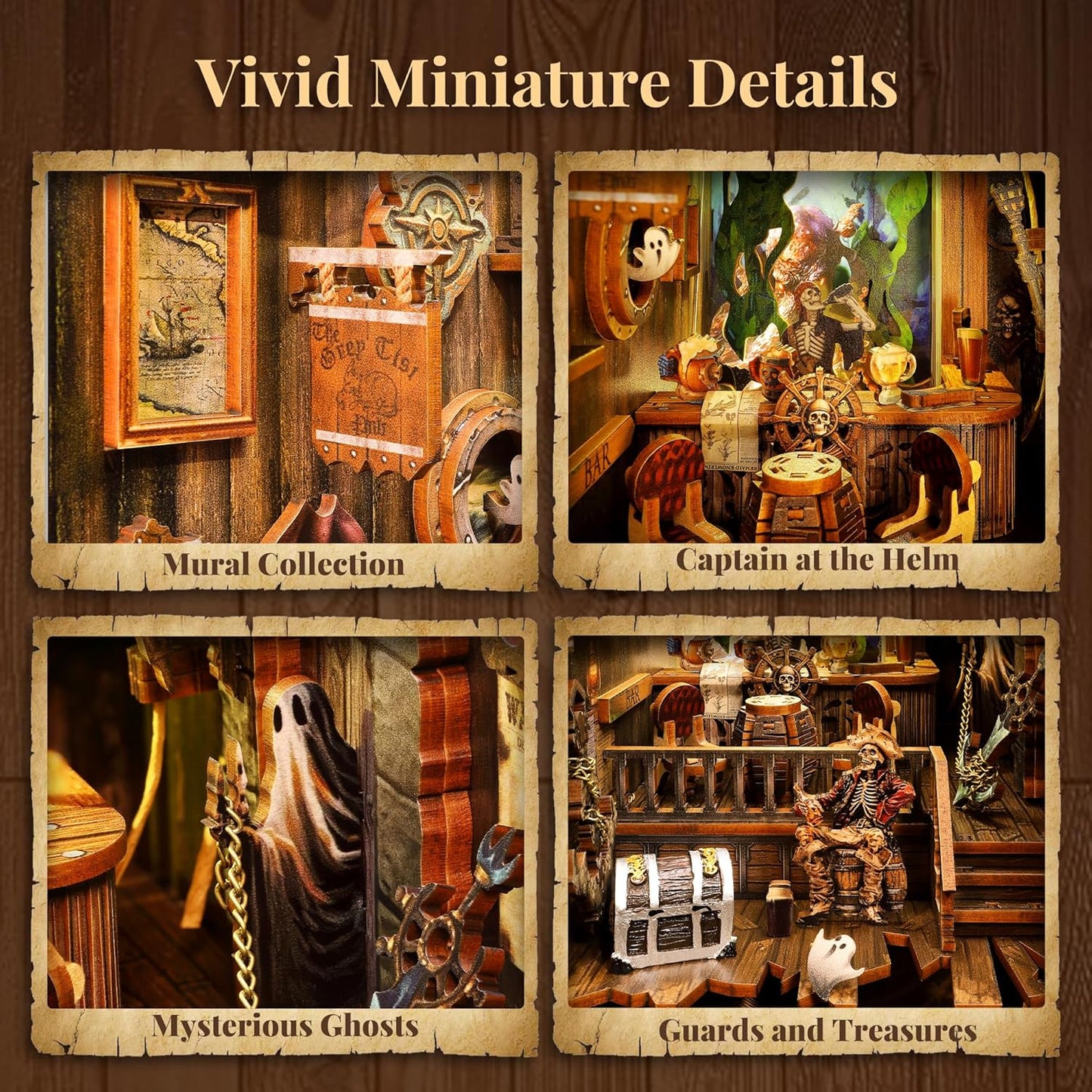 3D Wood Puzzle Book Nook Kit, Pirate Bookshelf Insert with LED Lights, DIY Pirate Miniature Bookend Décor for Display, Unique Craft Gift for Adults and Teens (New World)