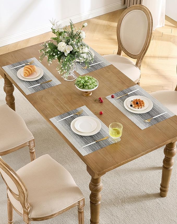 Leetaltree Black with White Woven Placemats Set of 4 - Heat Resistant Non-Slip Place mats for Dining Table, Washable Durable PVC Vinyl Woven Table Mats(Black with White, 4)