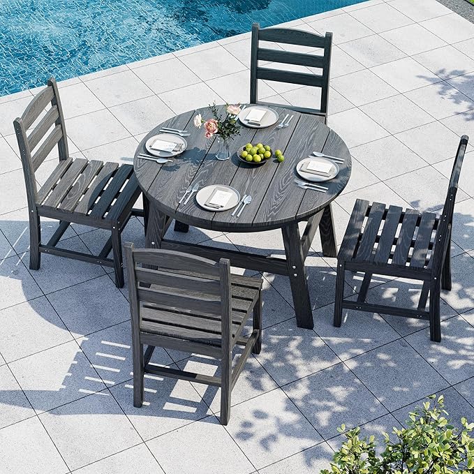 5 Piece Round Outdoor Dining Set, Relaxing HDPE Outdoor Table and Chairs with 105° Ergonomic Backrest, All-Weather Patio Table and Chairs Set with Umbrella Hole for Porch, Poolside, Gray