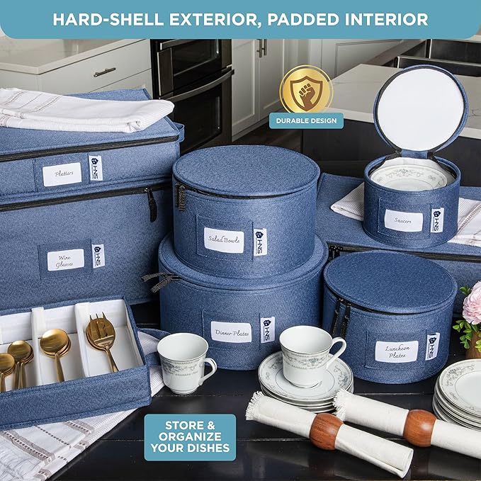 China Storage Hard Shell Containers 12-Piece Set Moving Boxes for Dinnerware, Glasses, Plates, Mugs and Saucers Sturdy Dish Organizer with Dividers for Seasonal Storage - Service for 12 - Denim Blue