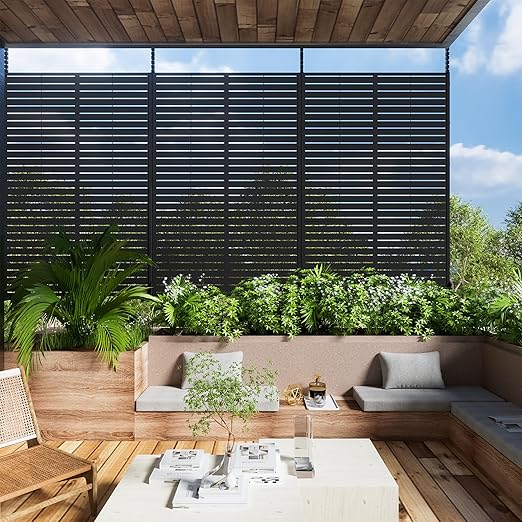 Casaphoria Metal Privacy Screen Outdoor, 72" H x 47" W Freestanding Decorative Privacy Screen for Patio Deck Balcony Garden with Stable Base, Black-Louvered