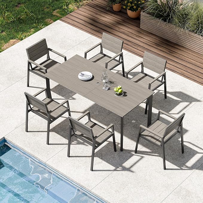 Patio Outdoor Dining Set for 6, Aluminum 7 Piece HDPS Patio Table and Chairs Set with Umbrella Hole, Modren Rectangular Patio Furniture Set with All-Weather Table and 6 Chairs (Classic Gray)