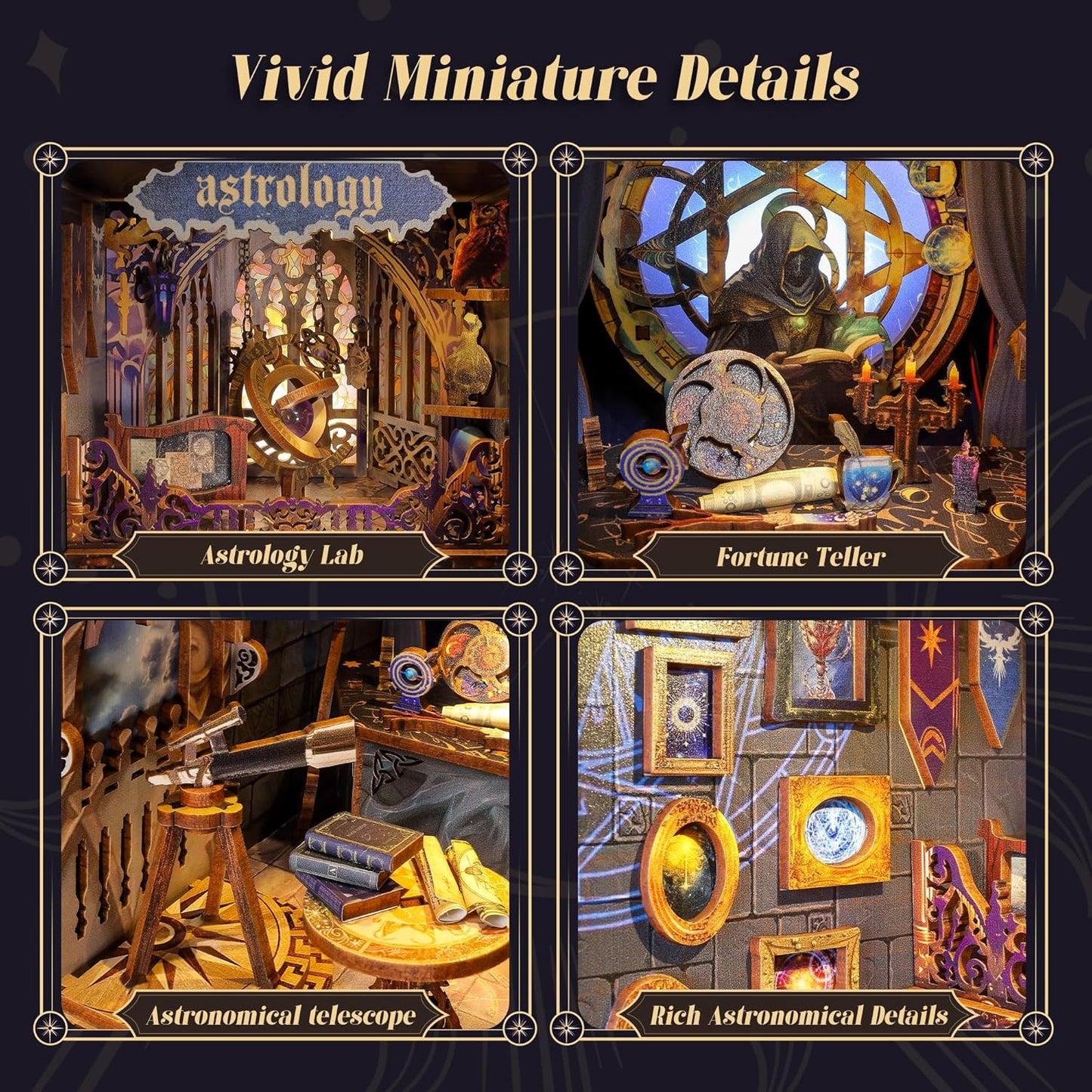 3D Wood Puzzle Book Nook Kit, Astrology Star Map Bookshelf Insert with LED Lights, DIY Celestial Miniature Bookend Décor for Display, Unique Craft Gift for Adults and Teens (Astrology)