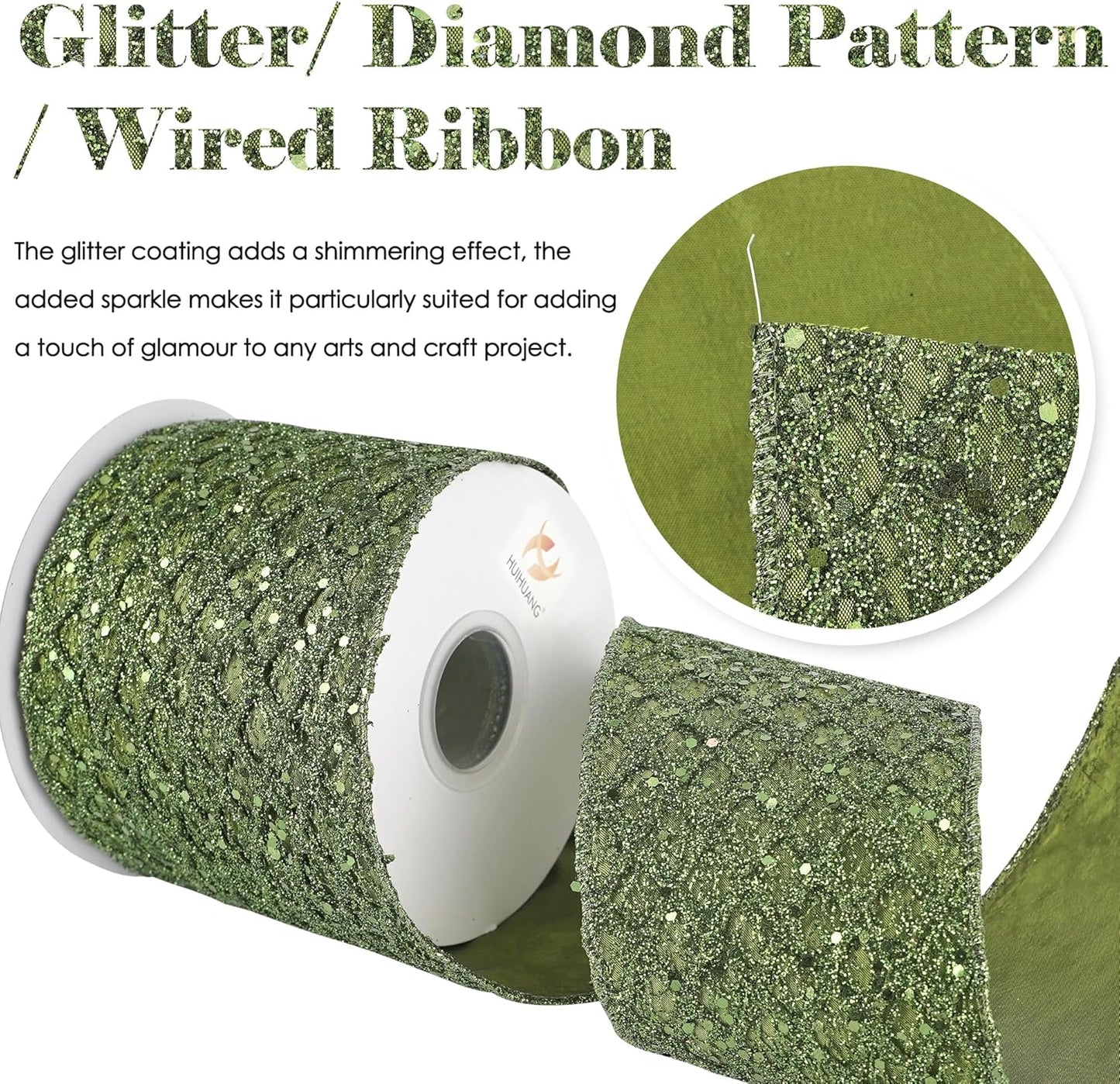 HUIHUANG Moss Green Wired Christmas Ribbon 4 inch Moss Glitter Wired Ribbon Diamond Mesh Wire Ribbon for X-mas Tree Decorations, Wreaths, Garland, Large Bows Making, Home Decor -10 Yards