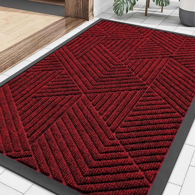 Smiry Front Door Mat Outside Entrance, Heavy Duty Sturdy Natural Rubber Doormat, Trap Dirt and Moisture, Easy Clean Low Profile Mats for Indoor Outdoor Entry, Irregular Triangle (36x24, Deep Red)