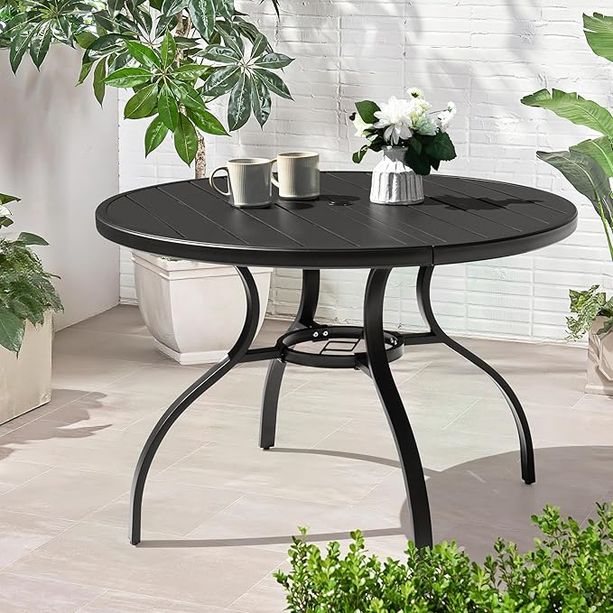 NUU GARDEN 41" Round Metal Outdoor Patio Dining Table for 4, All-Weather Slatted Outdoor Table with 1.57" Umbrella Hole and Adjustable Feet for Lawn Garden Backyard, Black