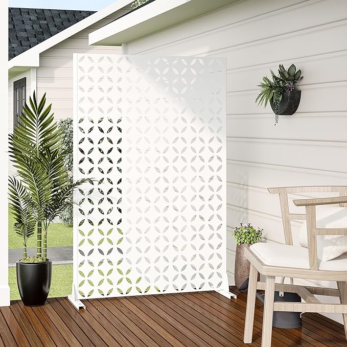 Casaphoria 72" H x 47" W Metal Privacy Screen, Outdoor Freestanding Decorative Divider for Patio, Deck, Balcony, and Garden with Stable Base, White-Daniel