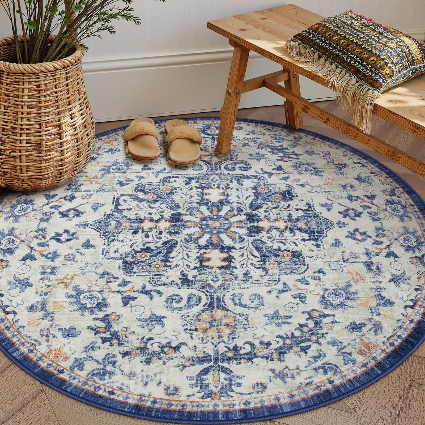 Lahome Round Rug 5'3"Ft, Large Washable Dining Room Round Area Rug Soft Kitchen Circle Rug, Bohemian Non-Slip Non-Shedding Printed Indoor Carpet for Bedroom Entryway Bathroom, Blue Purple/Multi