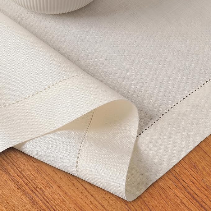 D'Moksha Homes Linen Ivory Table Runner 90 Inches Long - Classic Hemstitch 100% Pure Linen Dining Table Runner 14 x 90 Inch for Valentines, Spring, Easter