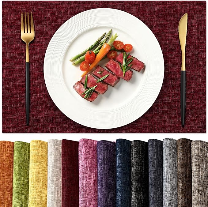 KXN Placemats Set of 8, Dual-Layer Thickened Faux Linen Table Mats, Heat Resistant & Wrinkle-Free, Machine Washable Cloth Place Mats for Kitchen Dining Indoor Outdoor (Red)