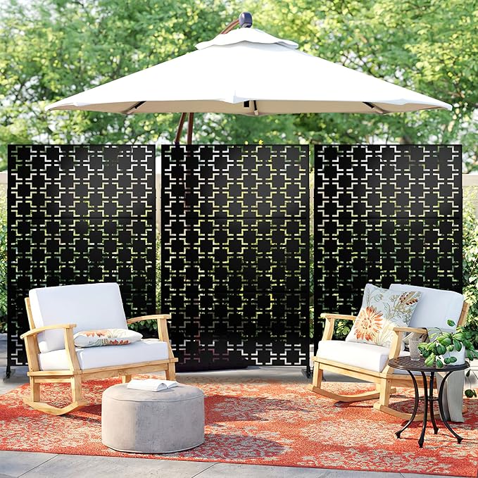 Metal Privacy Screen Outdoor 72" H×47" W,Freestanding Decorative Privacy Screen for Balcony Yard&Garden,Privacy Fence-Black&Square