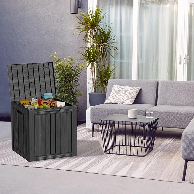35 Gallon Resin Deck Box, Waterproof Outdoor Storage Box for Patio, Poolside, and Garden, Lockable UV-Resistant Storage Bin Bench Cabinet for Small Spaces, Black